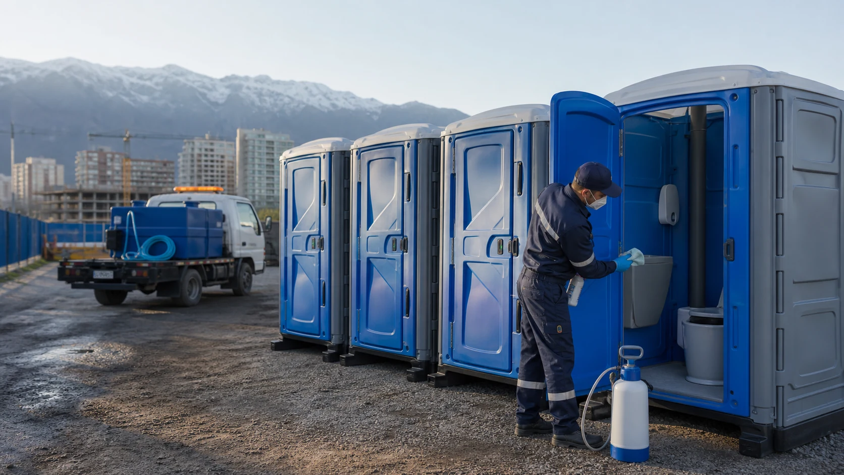 Técnico sanitizando baños químicos portátiles en una obra de Santiago