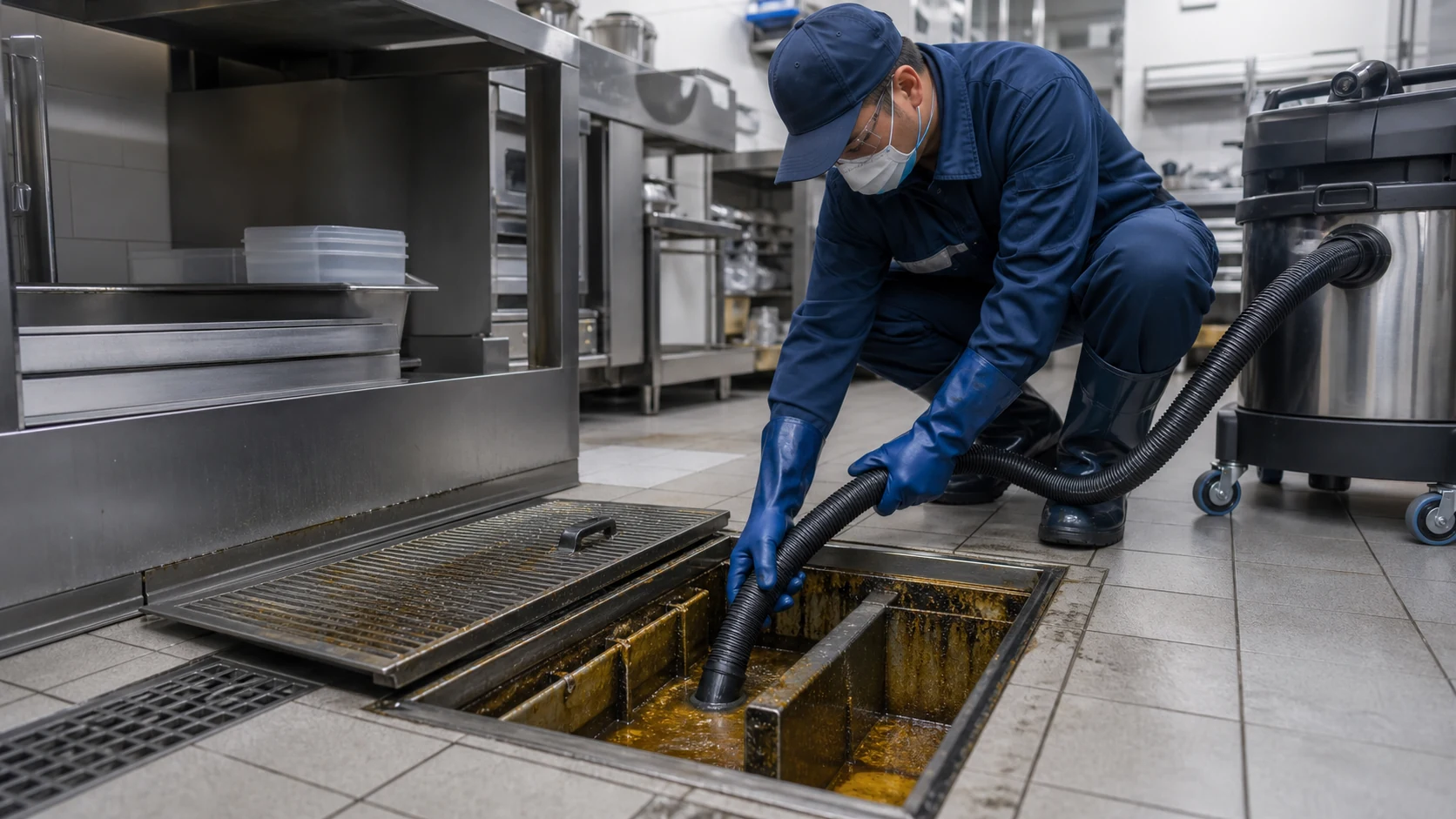 Técnico realizando limpieza profesional de una cámara de grasa en una cocina comercial